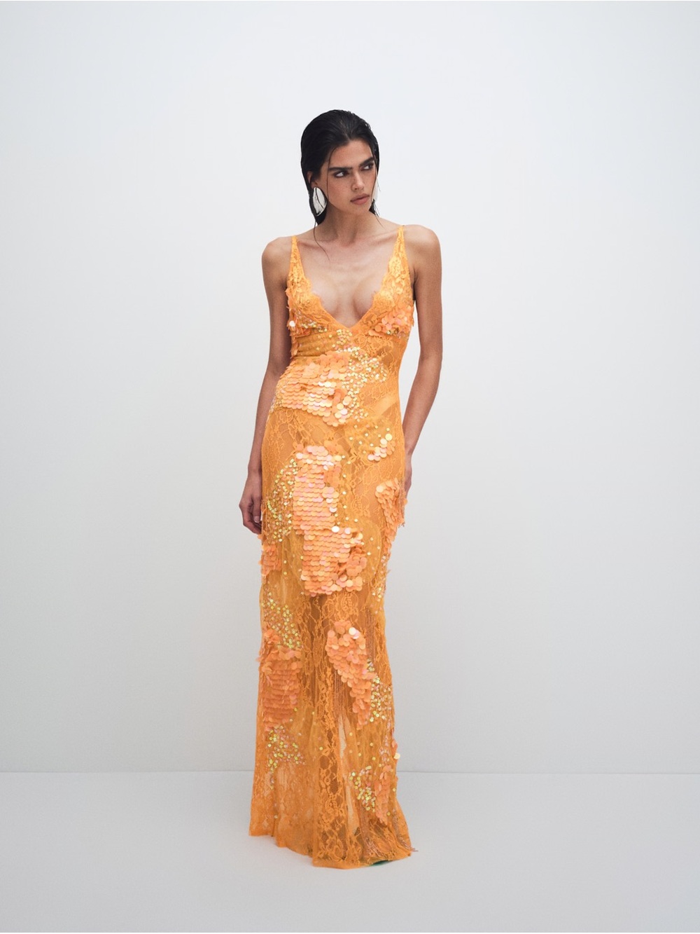 ASOS DESIGN sheer lace cami maxi dress with placement embellishment in orange